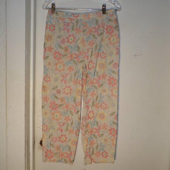Coldwater Creek Linen Blend Embroidered Pull On Floral Pants Sz S - Picture 1 of 6